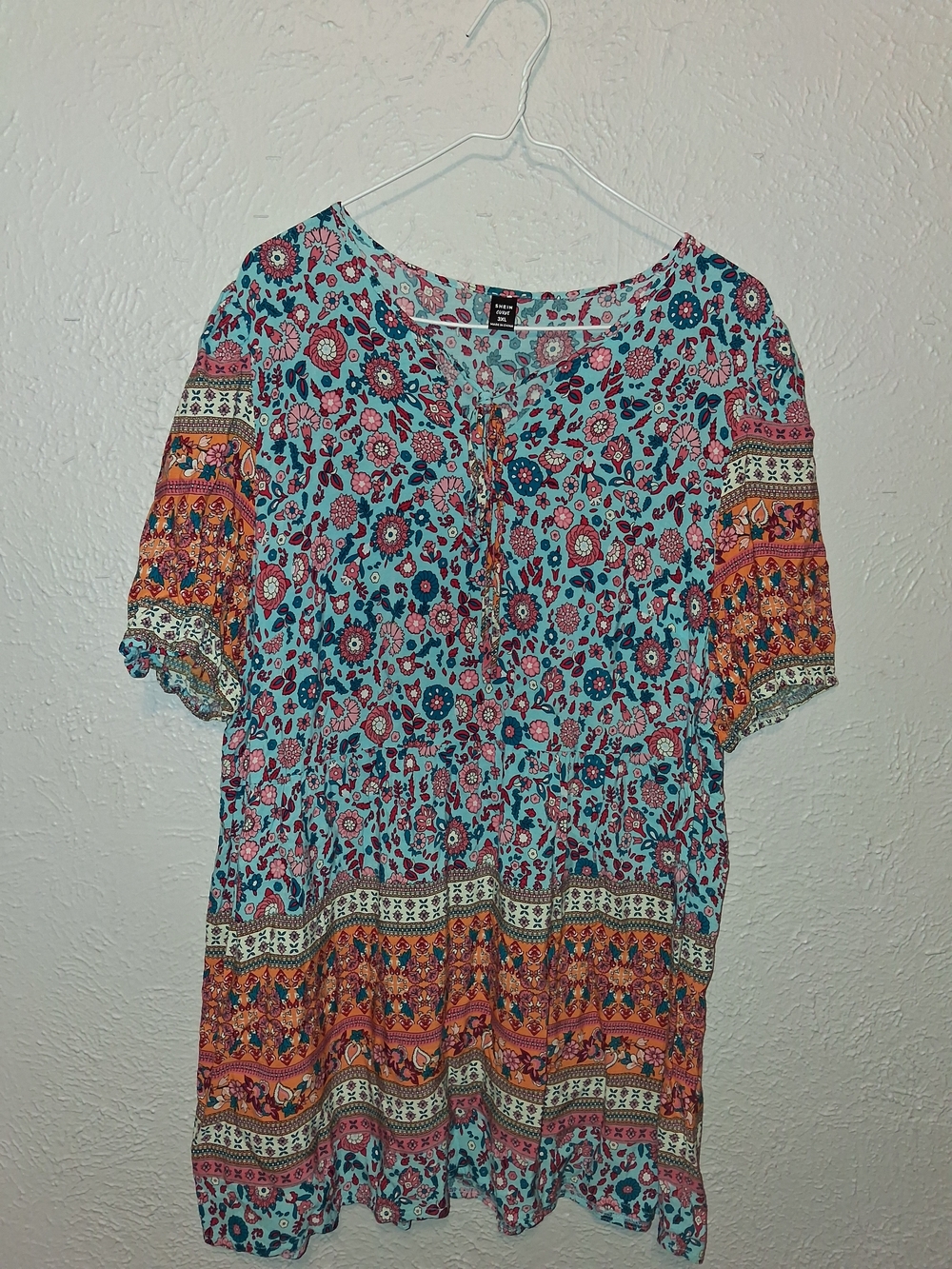 Bohemian Floral Tiered Short-Sleeve Dress - Blue & Orange